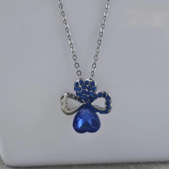 4 Hearts Pendant Necklace Blue Crystals Accent Silver Tone Chain Fashion Jewelry - Picture 3 of 11
